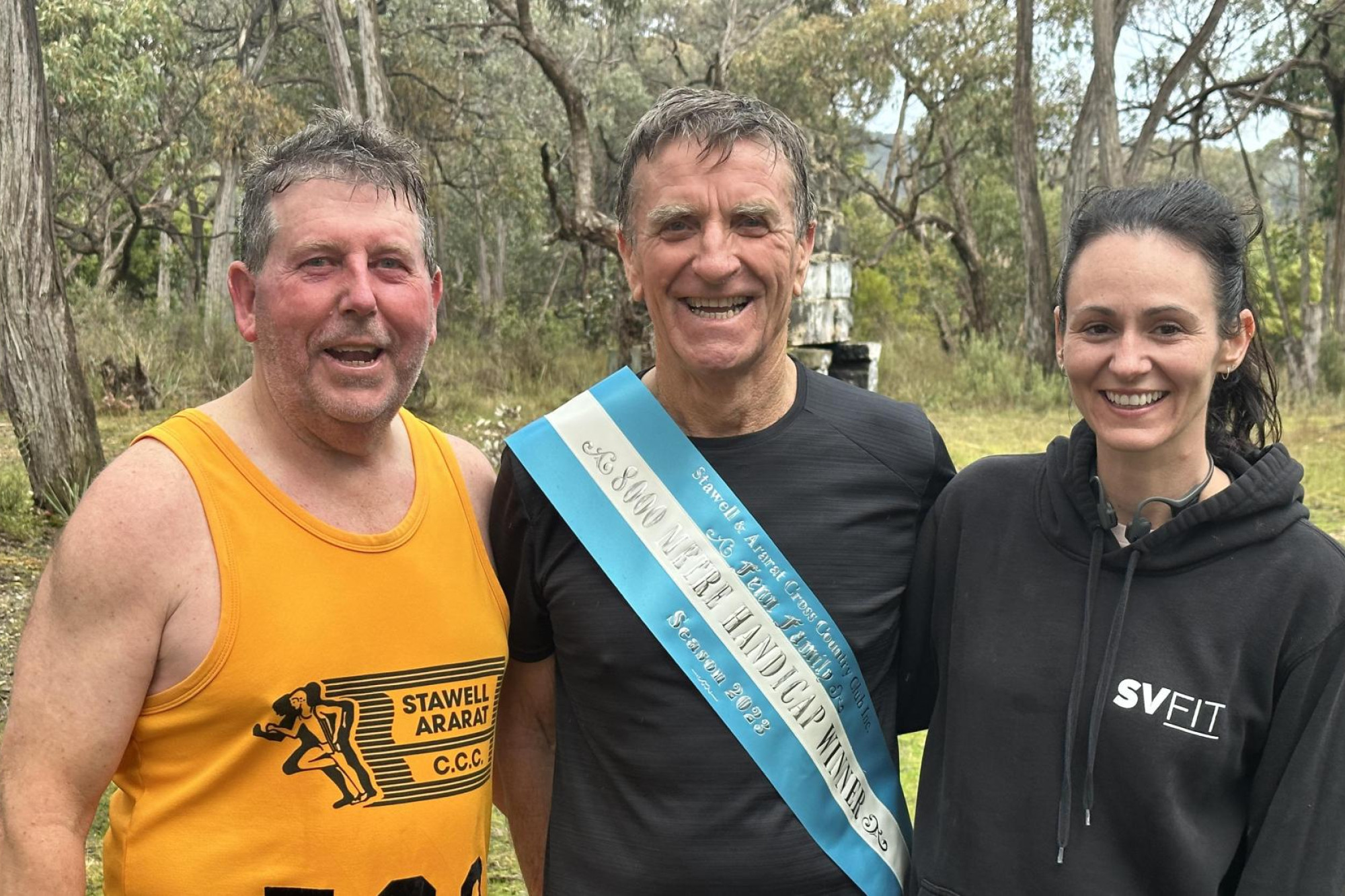 Peter Gibson, John Peacock (race winner) and Annie Brown. Picture supplied.