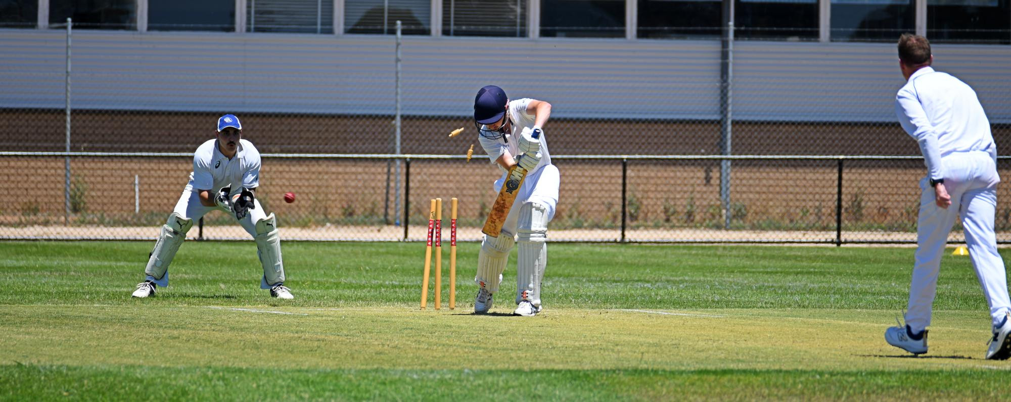 James Hosking bowls Jack Cann with a perfect outswinger. Picture by Ben Fraser