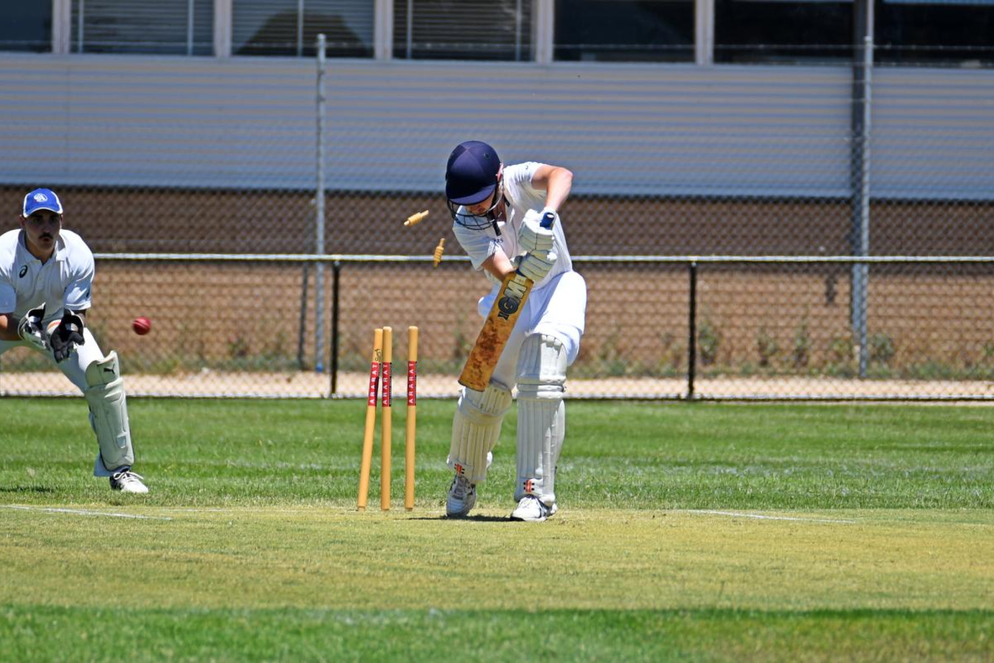 James Hosking bowls Jack Cann with a perfect outswinger. Picture by Ben Fraser